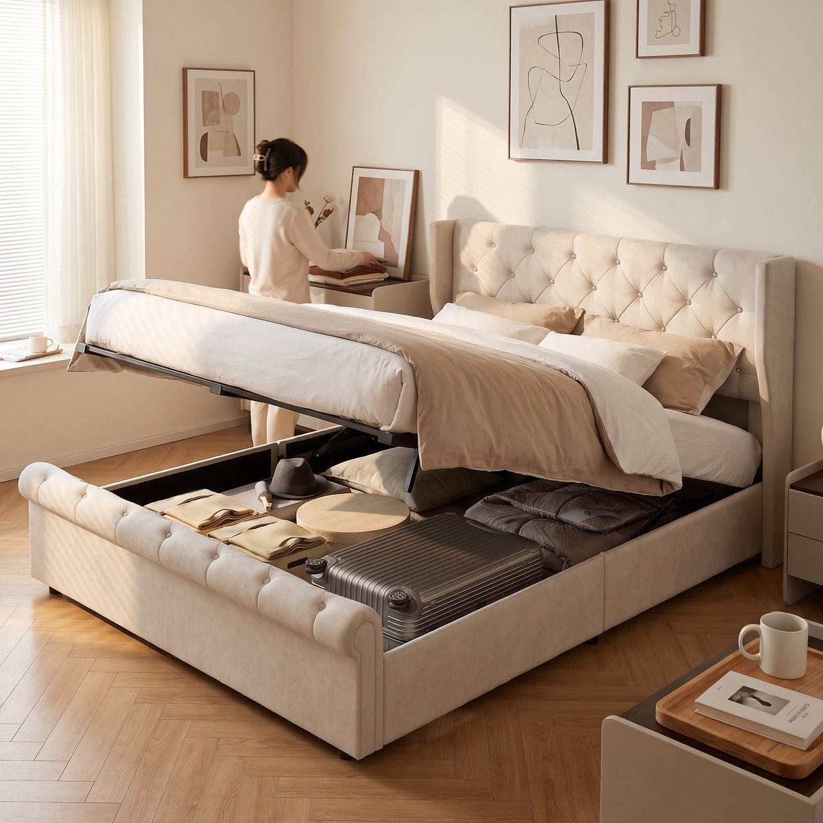 MEXUS Gestoffeerd Tweepersoonsbed 160x200 cm, Tienerbed met Leeslampje, Hydraulisch Opbergbed, Lattenbodem met USB-Oplaad en Opbergfunctie, Fluweel, Matras Niet Inbegrepen Beige