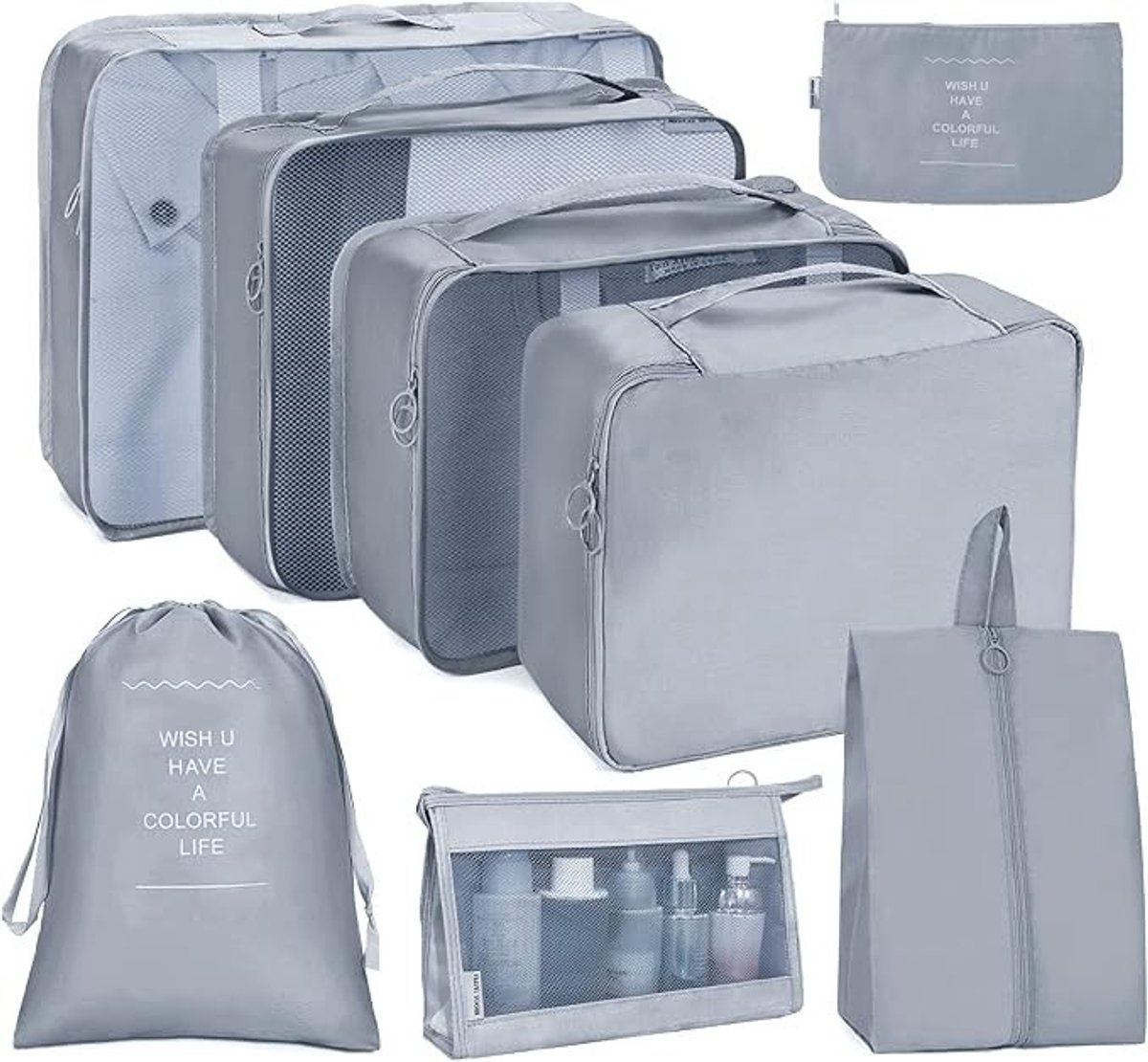 PolkaHome 8-delige Reisverpakkingsset met Compressieriemen en Mesh-panelen - Grijze Koffer Organizers