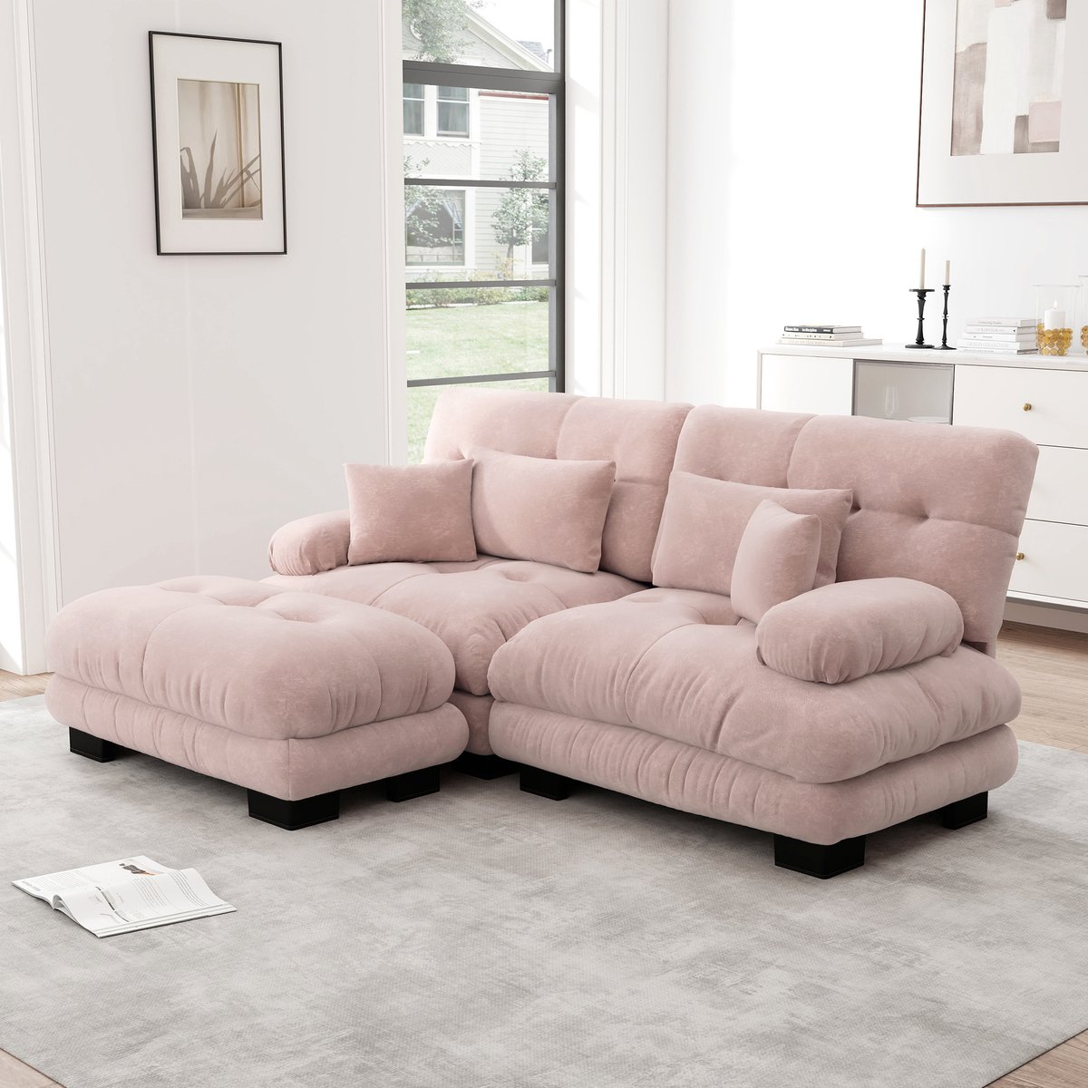 U-bank - 220 x 145 x 81 cm - chenille bekleding - modulair samen te stellen - inclusief kussens - met veer- en schuimvulling - met armleuningen - Roze