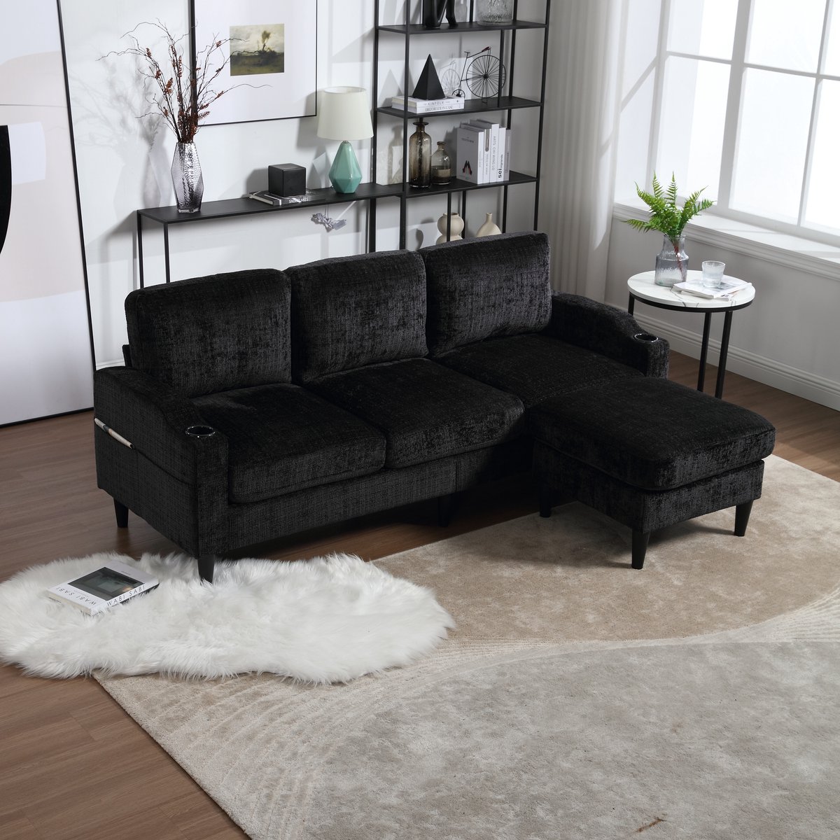4-zits zitbank - 196,5 x 75 x 77 cm - chenille bekleding - met opbergruimte - modulair samen te stellen - met bekerhouders - met armleuningen - Zwart