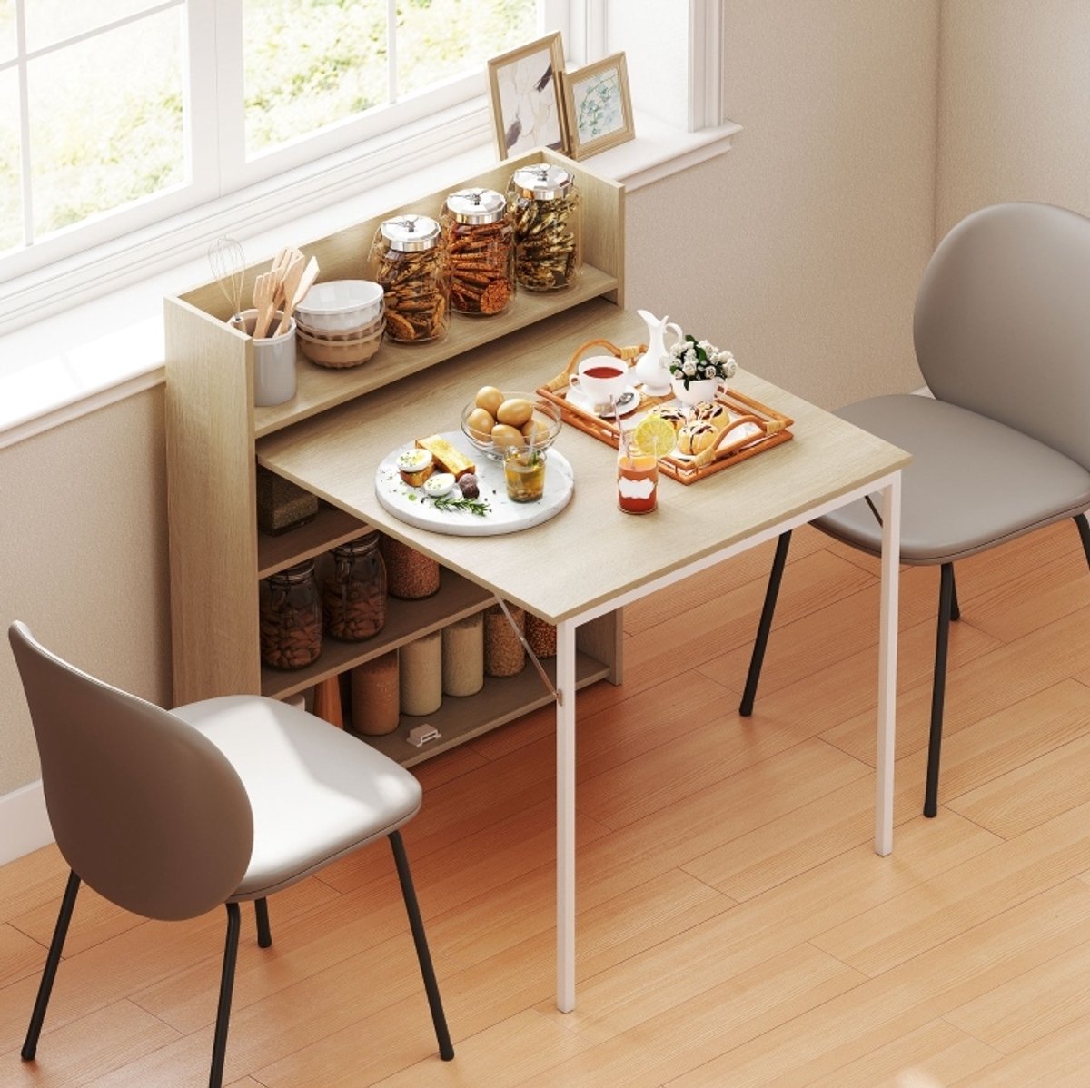 REDOM - Opklapbare eettafel met opbergrek - Uitklapbaar - 3 interne vakken - Industrieel - Keuken, woonkamer of werkruimte - MDF en staal - Eiken - 78,5 x 91 x 93 cm