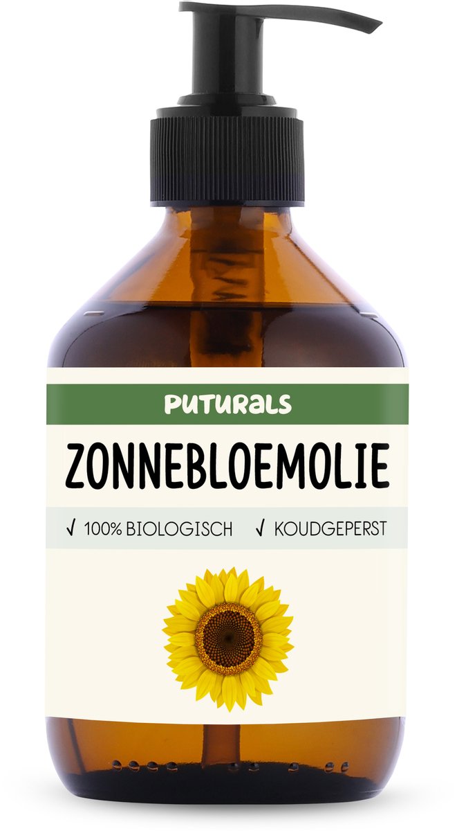 Puturals Zonnebloemolie 100% Biologisch - 300ml - Puur en Koudgeperst - Zonnebloemolie High Oleic voor Huid, Haar, Gezicht en Lichaam - Rijk aan Vitamine E en Antioxidanten - Bruine Glazen Fles + Pomp