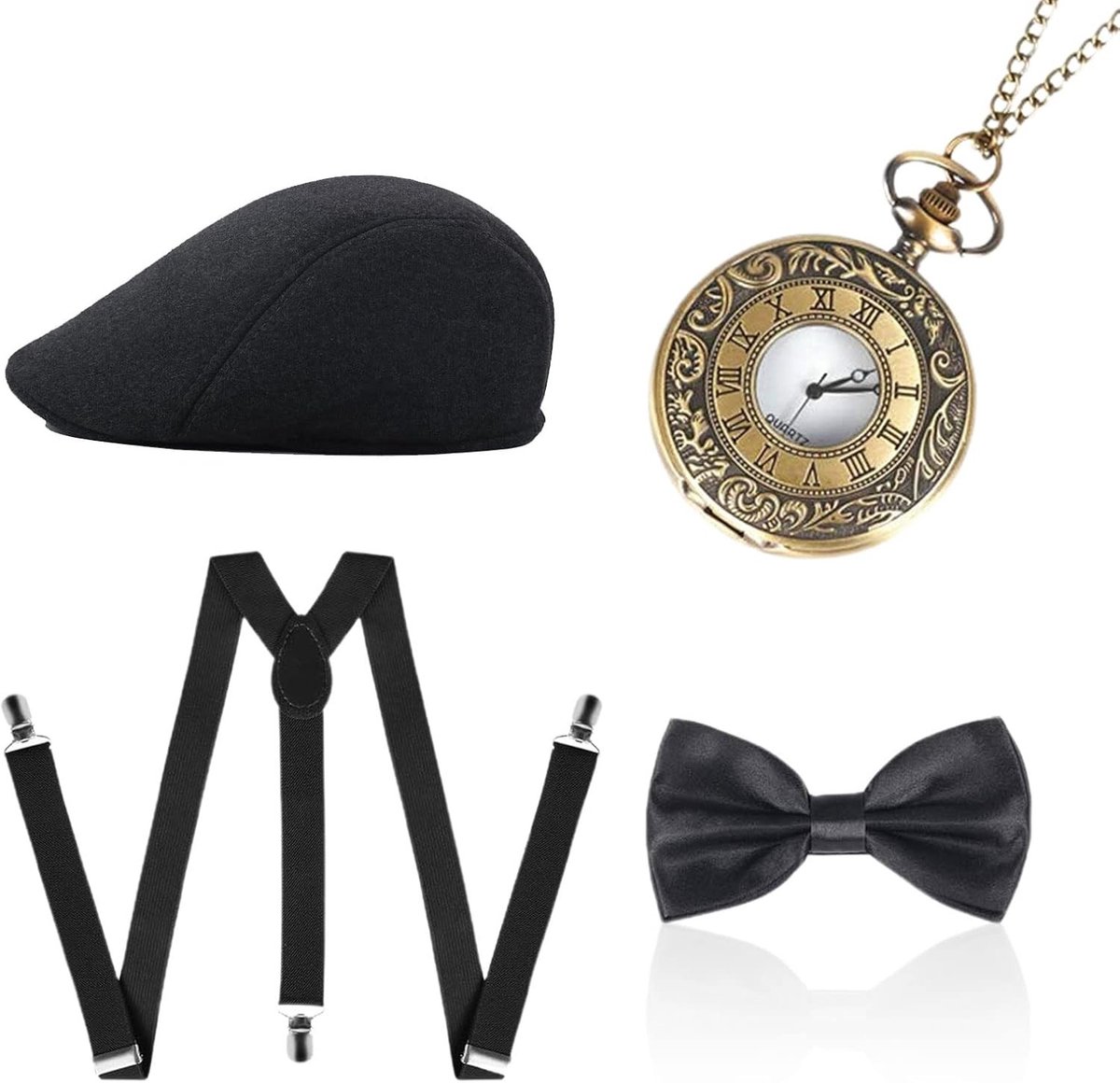 Gatsby Stijl 4-delige Accessoireset voor Mannen - Hoed, Zakhorloge, Bretels en Stropdas voor 20s Feestkostuum