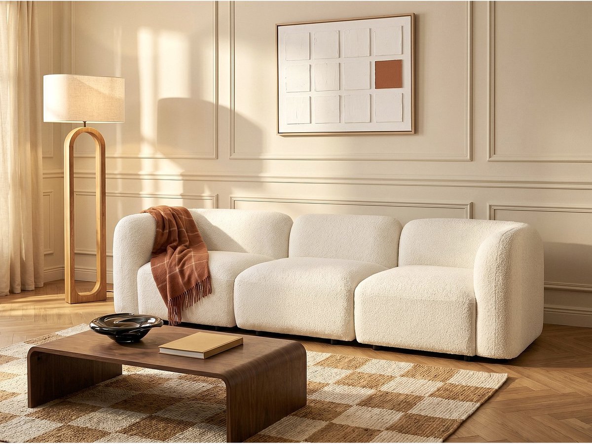 Vente-unique Modulaire driezitsbank in gebroken witte boucléstof DANEPI