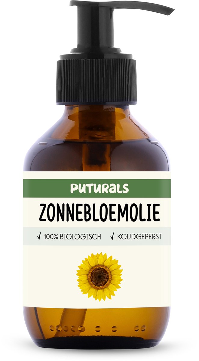 Puturals Zonnebloemolie 100% Biologisch - 150ml - Puur en Koudgeperst - Zonnebloemolie High Oleic voor Huid, Haar, Gezicht en Lichaam - Rijk aan Vitamine E en Antioxidanten - Bruine Glazen Fles + Pomp