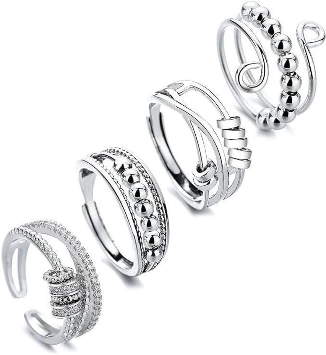 Set van 4 Draaiende Fidget Ringen - Verstelbare Anti-Stress Spinner Ringen voor Dames en Meisjes, Perfect voor Dagelijks Gebruik en Cadeaus