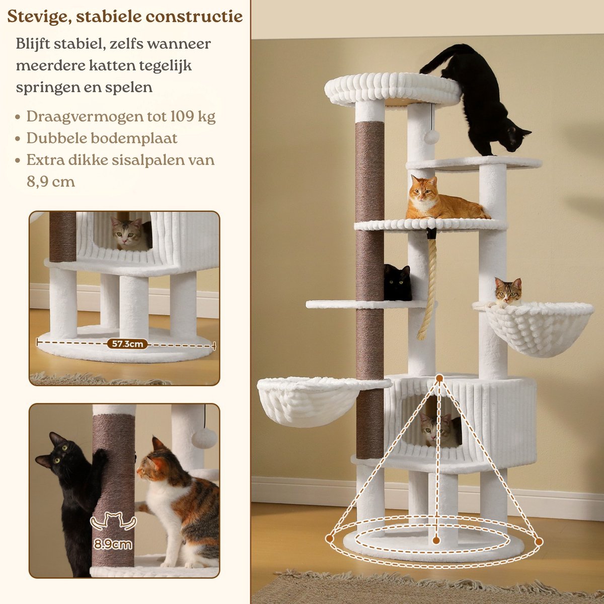 EcoPawPaw XXL Krabpaal 188 cm – Voor Grote Katten & Meerdere Katten – 2 Hangmatten – Groot Kattenhuis – Dikke 8,9 cm Sisalpalen – Wit thumbnail 6