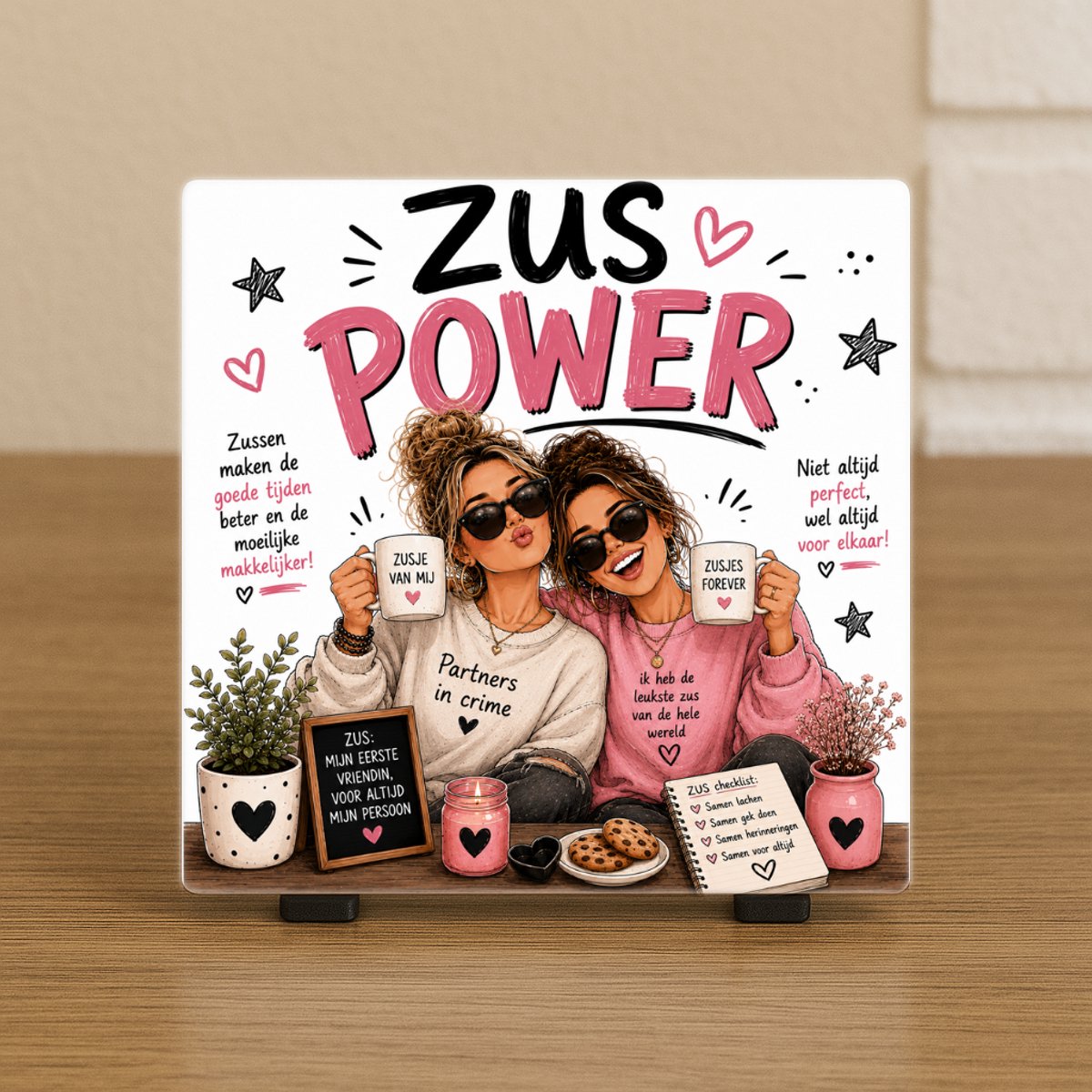 CreaCraft Spreuktegel : Zus power – Tegeltje met tekst - Cadeau voor familie, zus of zomaar – Wenstegeltje - Brievenbuscadeau – CreaCraft