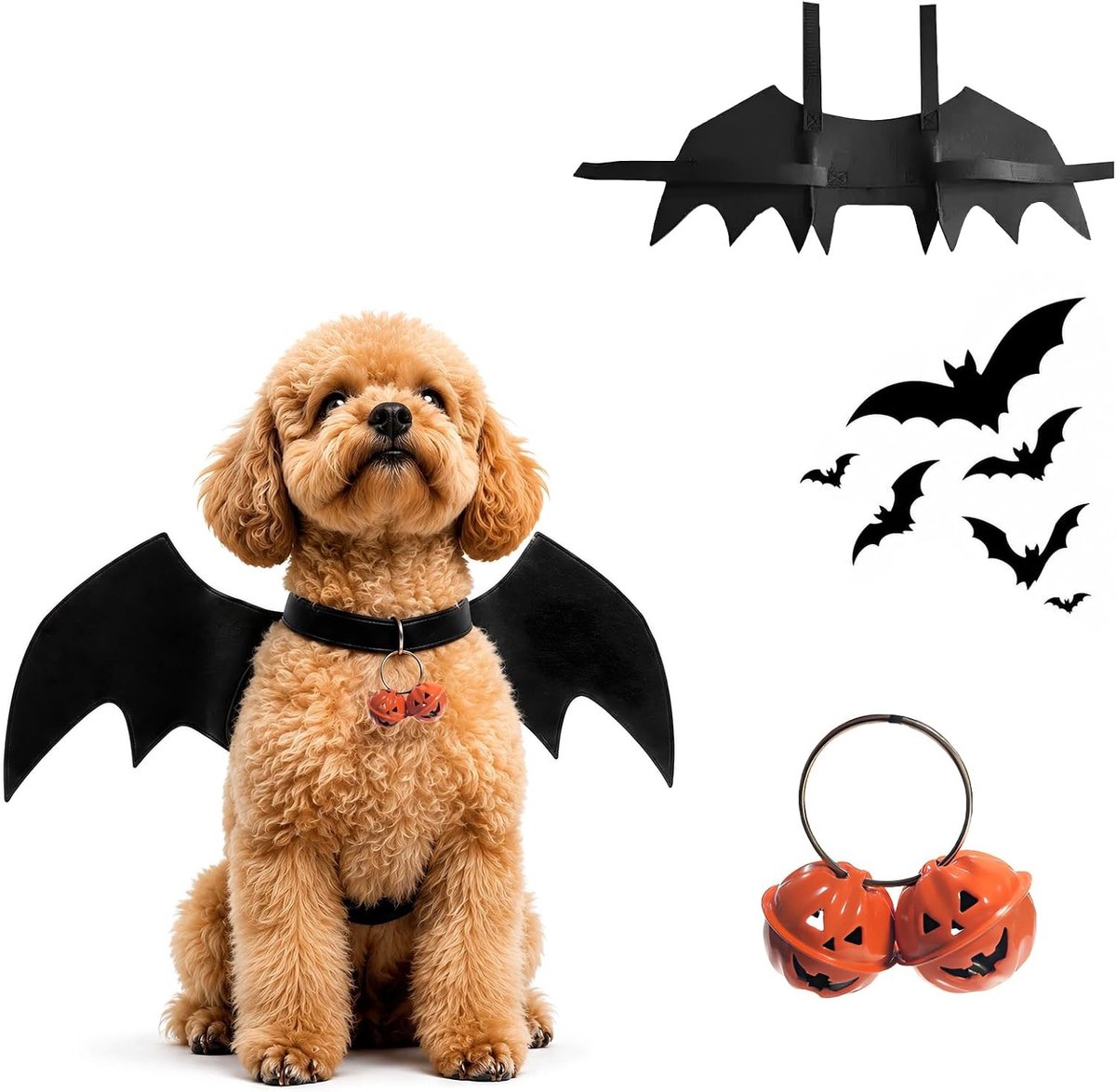 Halloween hondenkostuum met instelbare vleermuisvleugels en pompoenbel voor huisdieren, ideaal voor feestjes en cosplay decoraties