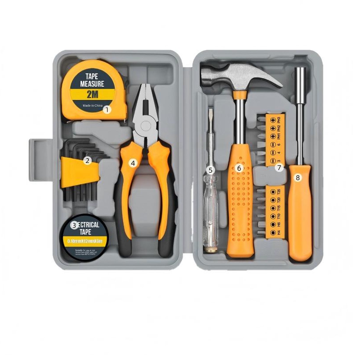 24-delige set – Inclusief diverse gereedschappen en boortjes – Gereedschapsset voor thuis – Geschikt voor huis, garage en doe-het-zelfklussen – Geel