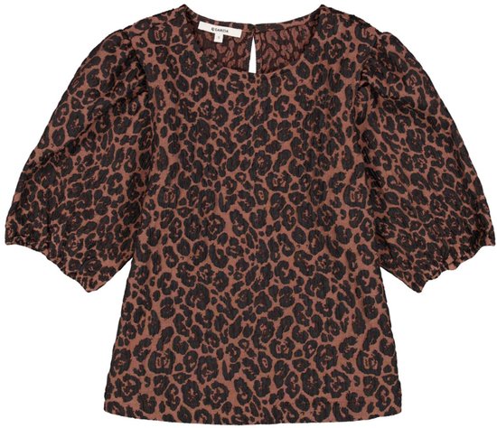 Bruin T-shirt met luipaardprint, ronde hals en korte pofmouwen.