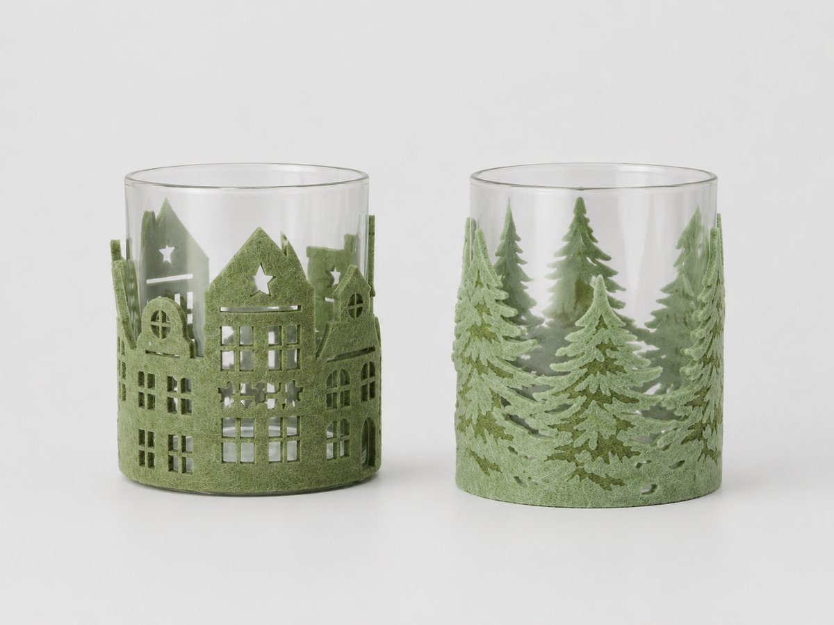 Spant7 Waxinelichthouder - Set van 2 - Glas - Vilt - Lichtgroen - 8x10cm - Kerst
