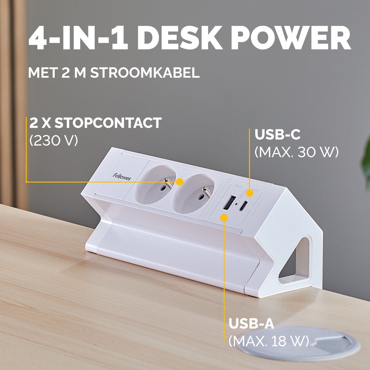 Fellowes contactdoos Power Desk 2 | 2 stopcontacten + 1 x USB-A + 1 x USB-C | wit | voor België