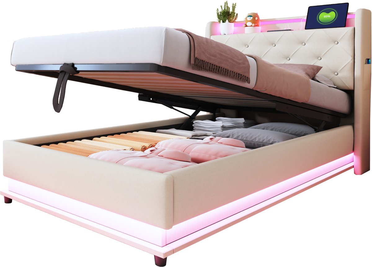 MUVANO Gestoffeerd kinderbed 90x200 - Eenpersoonsbed met hydraulische opbergruimte - Opbergbed - 90x200 cm - USB-aansluiting - Slaapkamer Beige
