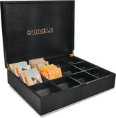 Zwarte, houten theedoos met 12 vakken, met Grandlux logo en diverse theezakjes zoals Clipper.