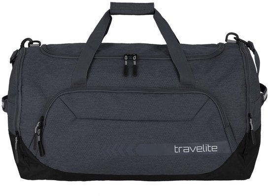 Donker antracietkleurige reistas met handvatten en een ritsvak aan de voorkant met het 'travelite' logo.