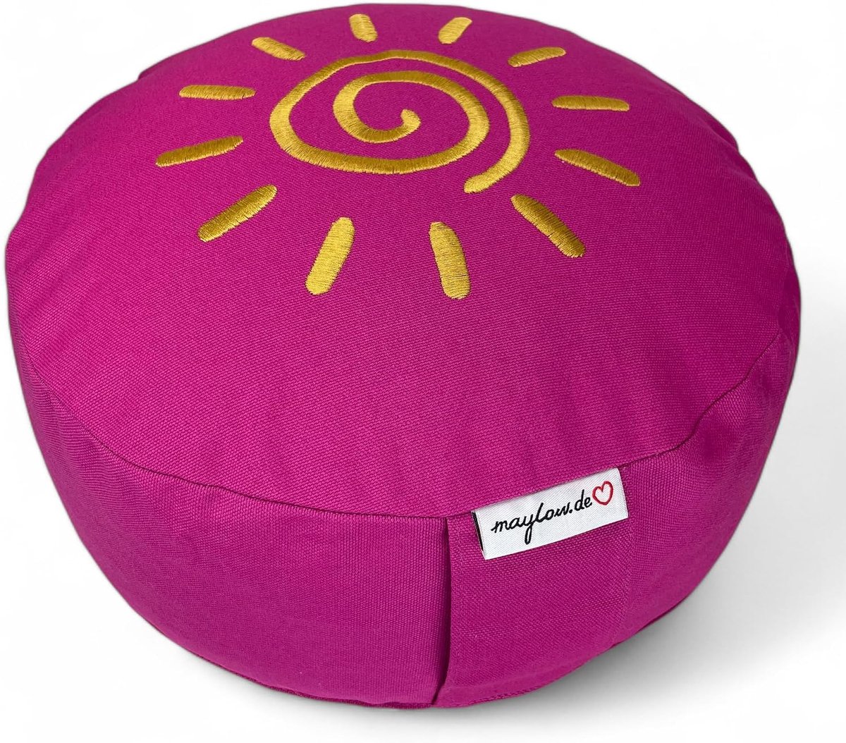 Meditatiekussen met boekweitschillen, rond, 33 cm, hoogte 15 cm, afneembare katoenen hoes, wasbaar op 30 °C, met geborduurd zonnemotief