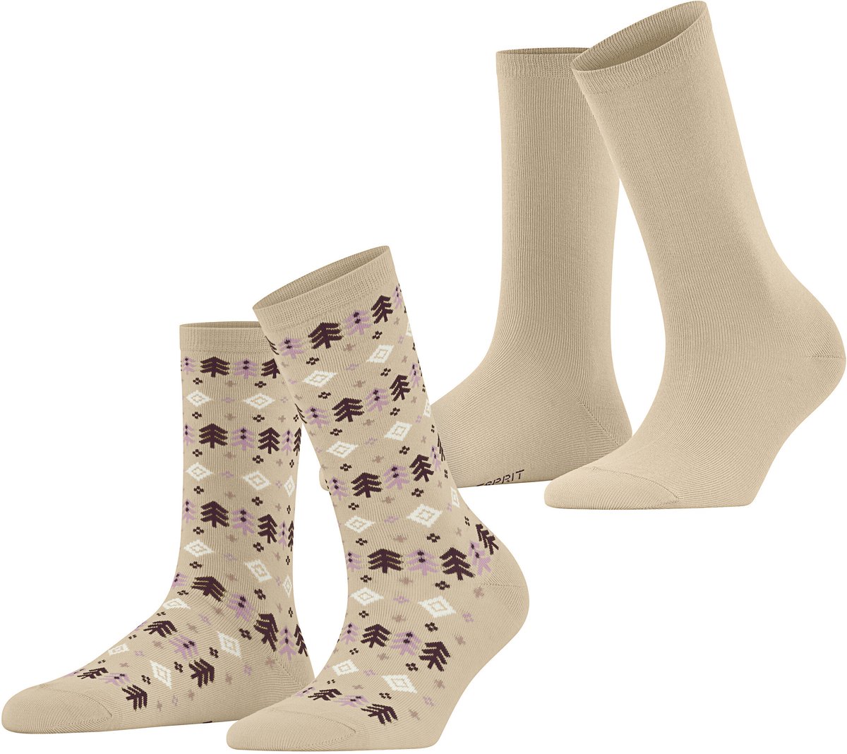 Esprit Frosty Trees 2 Pack gedessineerd katoen multipack sokken dames beige - maat 39-42