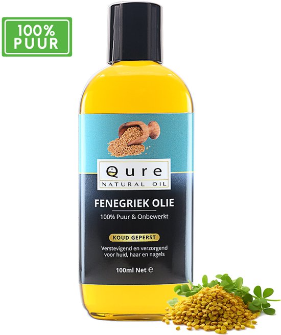 Qure Natural Oil Fenegriek Olie 100ml, 100% puur en onbewerkt, koud geperst voor huid, haar en nagels. Groene blaadjes en fenegriekzaadjes ernaast.