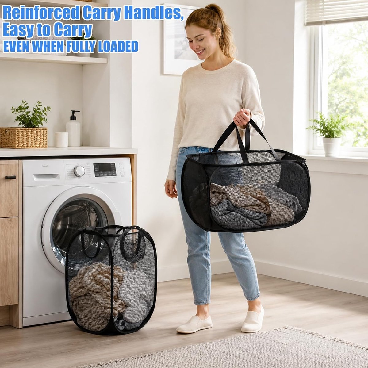 2 stuks Opvouwbare wasmand - pop-up wasmand - wasmand met hengsels en zijvakken - Opbergmand - voor slaapkamer, wasruimte en camperreizen - 36 x 36 x 56 cm — cadeau in Cadeau-ideeën - foto 3