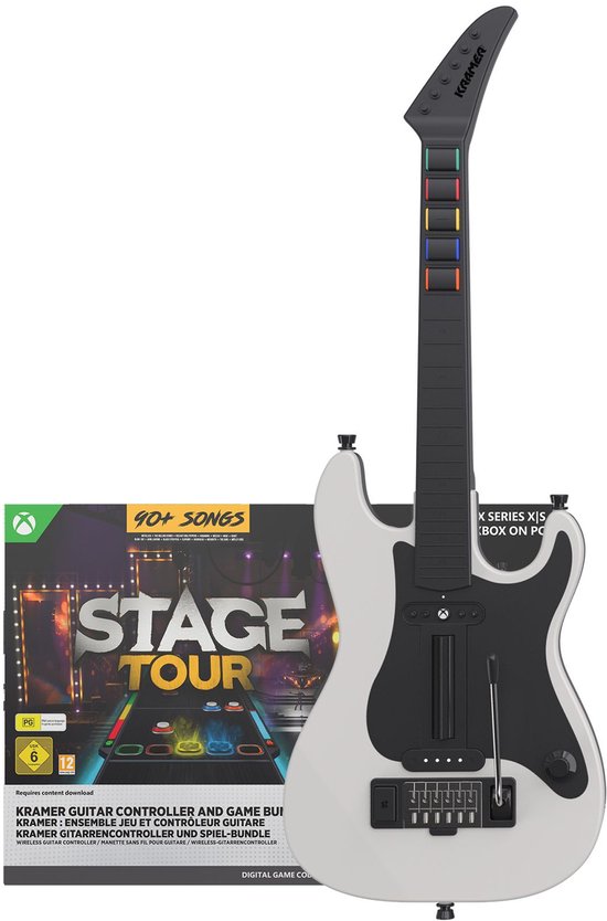 Witte Kramer gitaar controller met zwarte body en een game doos met "Stage Tour" erop.