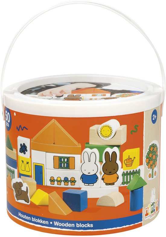 Oranje ton met Miffy-thema, met houten blokken met afbeeldingen van een huis, Miffy en een hond.