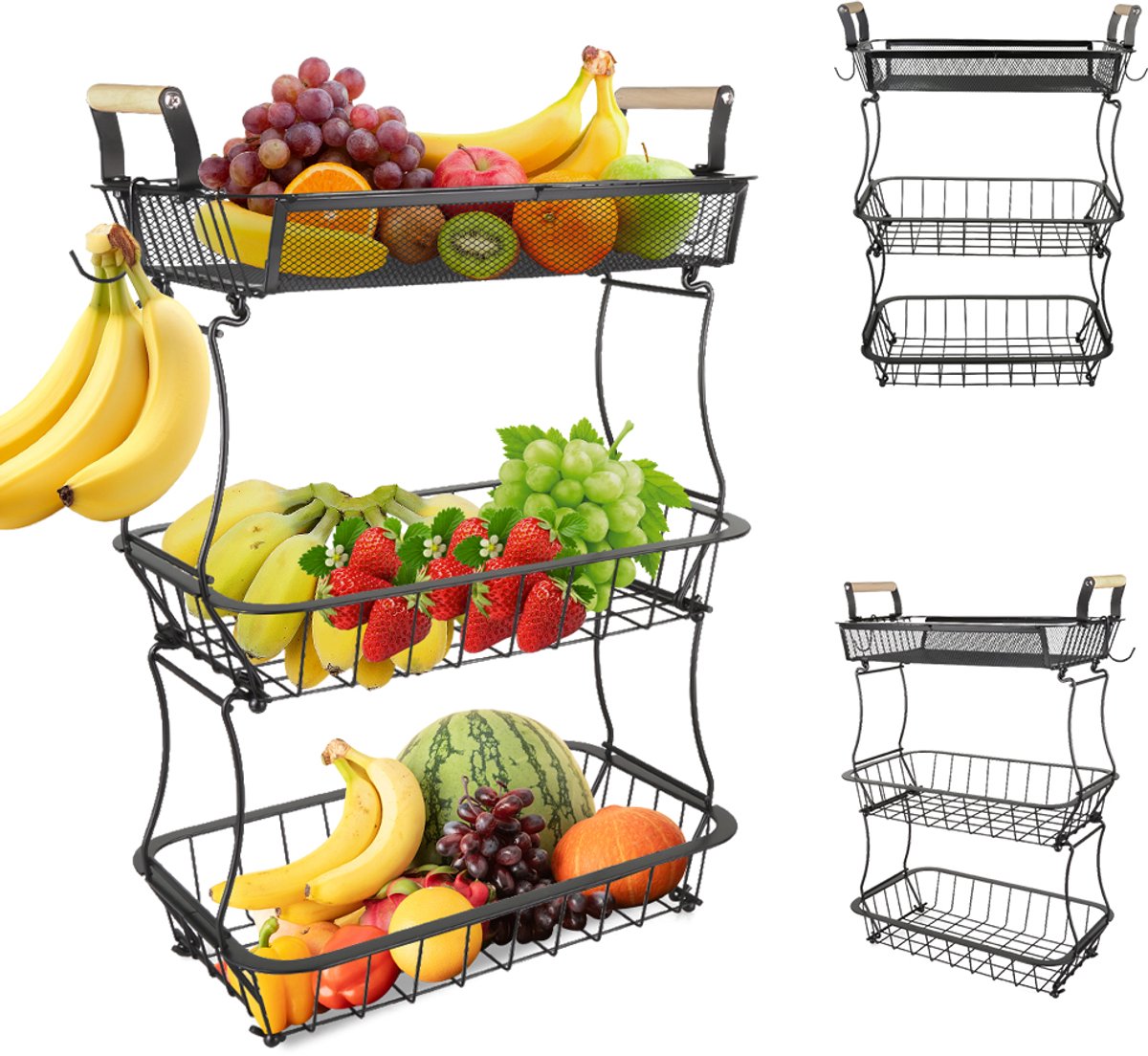 PIPIPOXER Keukentrolley - Keukentrolley met haak - Metalen Serveerwagen - 3-laags groente- en fruitrek - Keukenrek - Trolley - Keukenkast - Keuken -37 × 22 × 55 cm - Zwart
