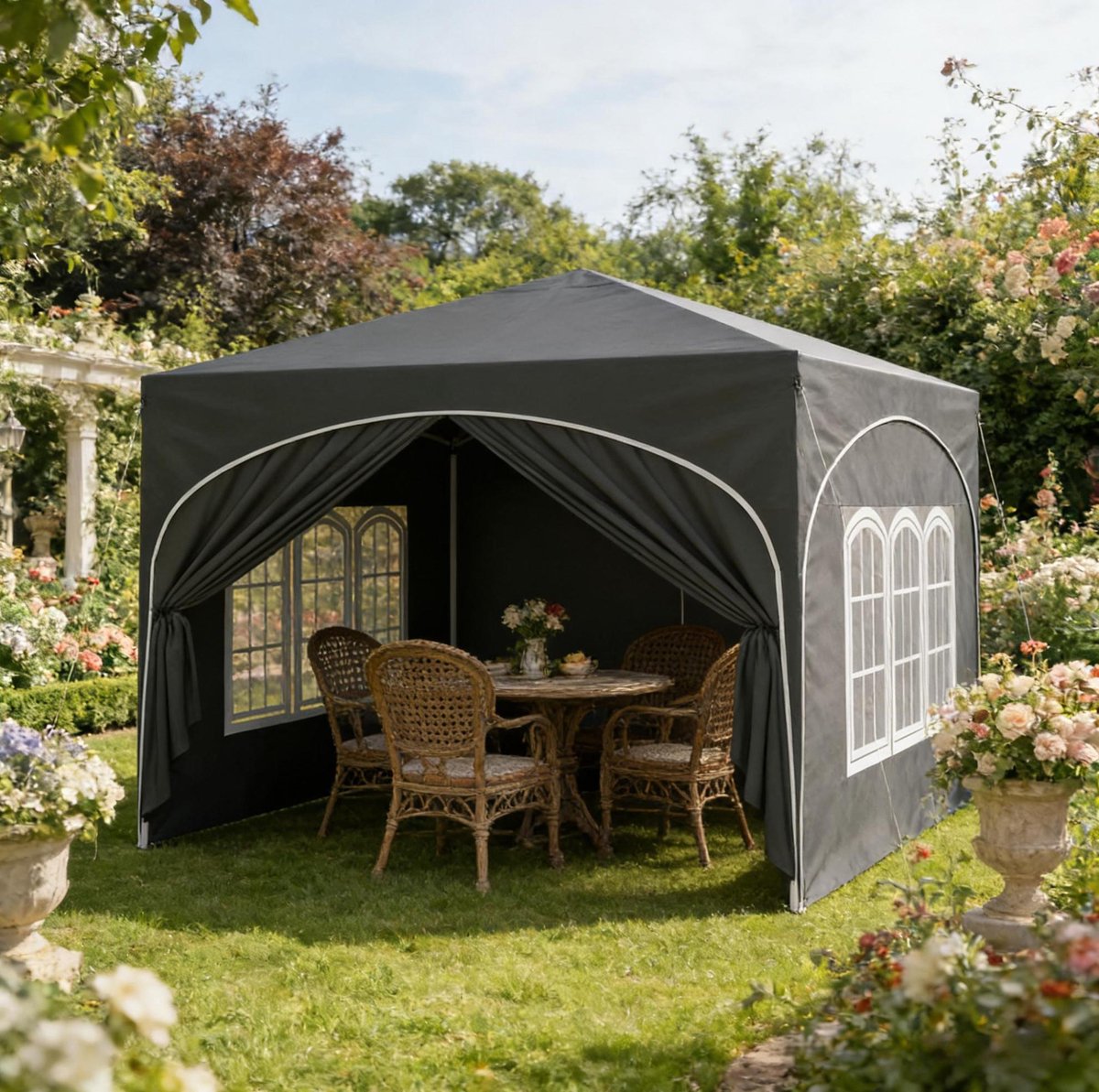 Wishdor Tuinpaviljoen - Hoogte instelbaar - Opvouwbaar met 4 zijwanden en ramen - Tuin terras feest markt picknick - Metaal en oxford stof - Grijs - 3 x 3 m