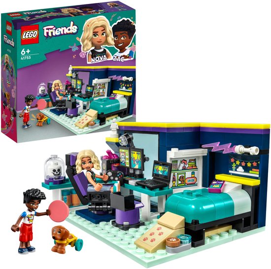 LEGO Friends Nova's kamer speelgoedset met minipoppetjes en hond, naast de speelgoeddoos.