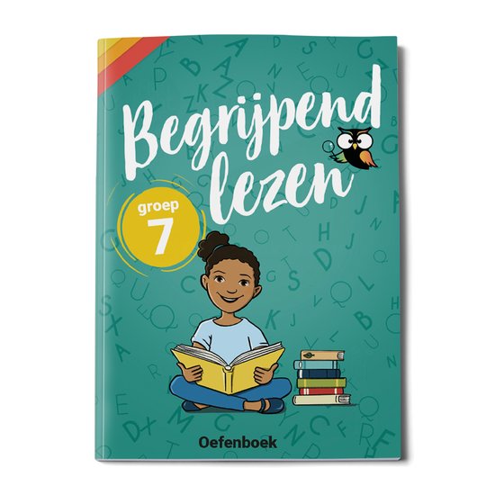 Oefenboek Begrijpend Lezen groep 7 met een meisje dat een boek leest, zittend op de grond.