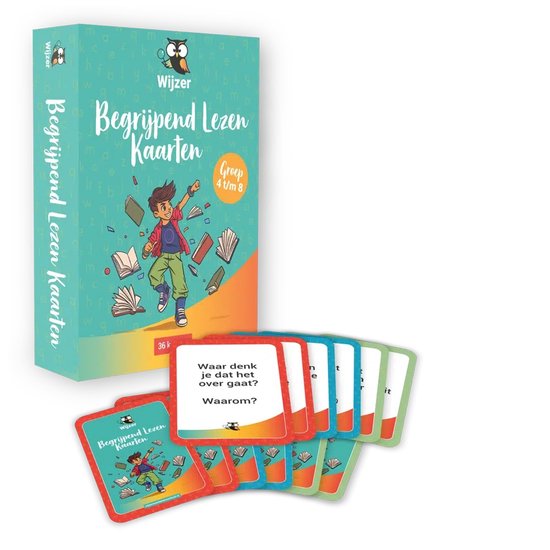 Kaartspel Begrijpend Lezen, groep 4 t/m 8, met een jongen die een boek omhoog houdt. Omslag toont 36 kaarten.