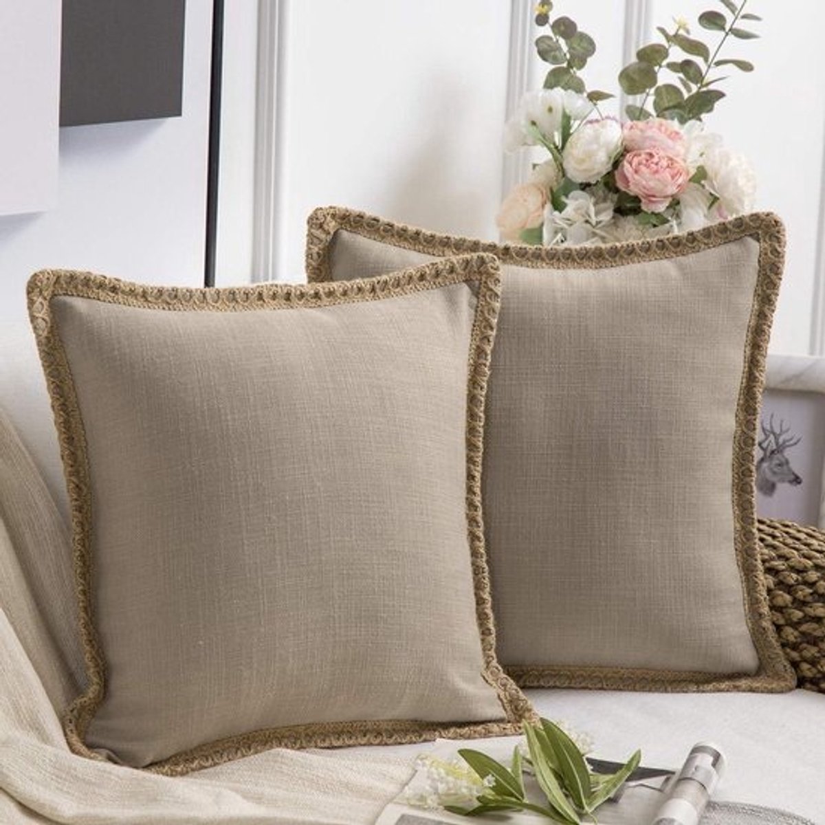 Kussenhoezen Boerderij Stijl - Sierkussenhoezen Jute Linnen - Woonkamer Decoratie - Met Linnen Rand - 50 x 50 cm - Beige