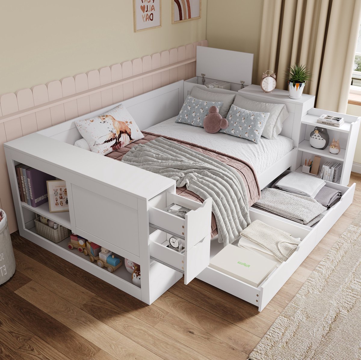 REDOM Bed met opbergruimte - Bedframe met laden en zijvak - Lattenbodem - Scandinavische stijl - Kinderkamer en tienerkamer - MDF - Wit - 140 x 190 cm