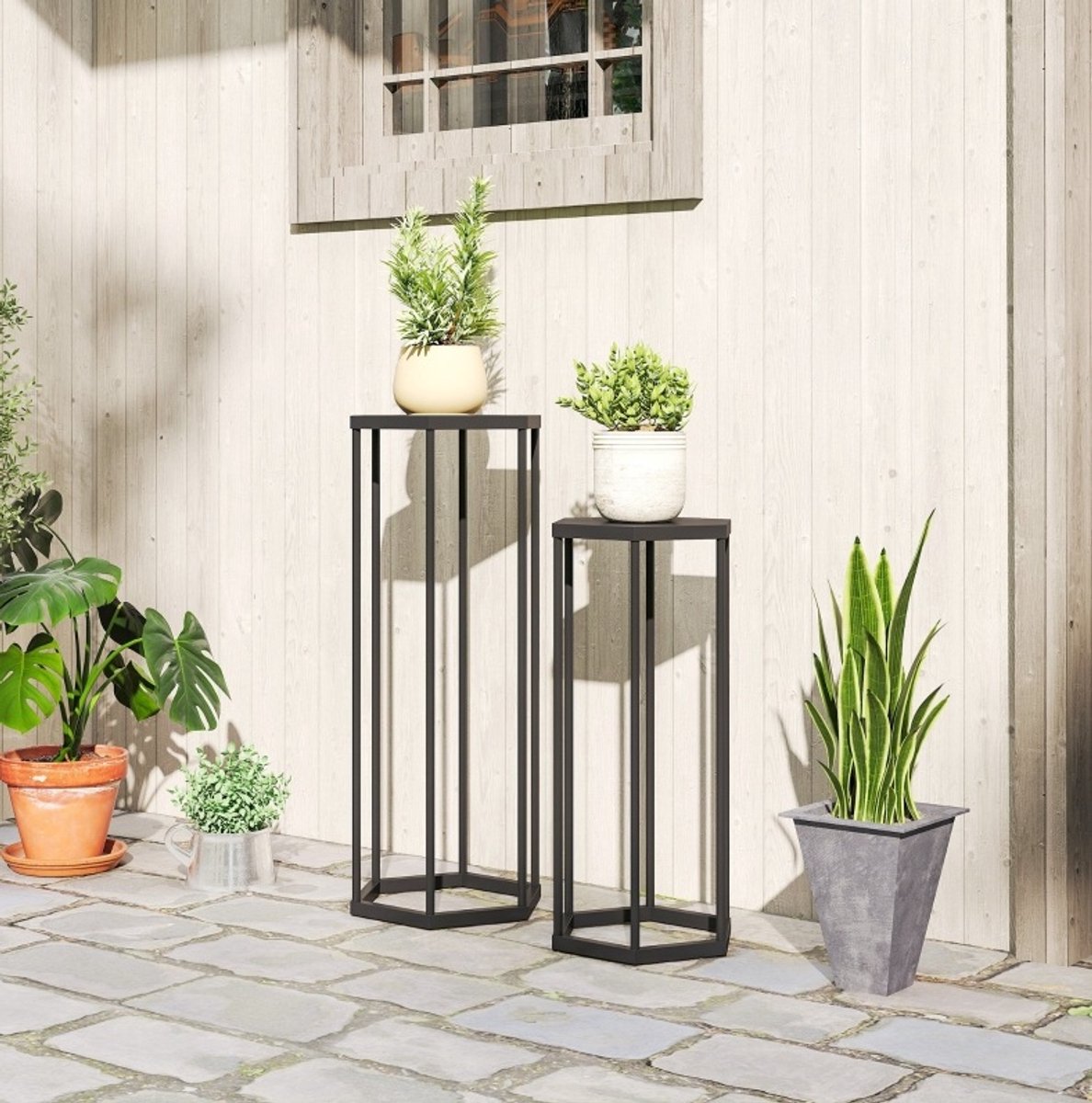 MODFU - Plantenstandaard - Hexagonaal - Set Van 2 - Voor Binnen En Buiten - Metaal - Zwart