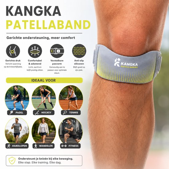 Kniebrace van KANGKA met uitleg over druk, comfort en pasvorm. Ideaal voor padel, hockey, tennis, hardlopen, wandelen en fitness.