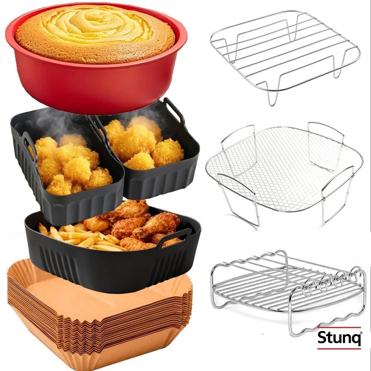 Stunq® Airfryer Accessoires Set - Siliconen Bakvorm, Mandjes, RVS Rekken & Bakpapier