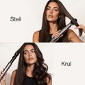 Collage van een vrouw die haar haar steil maakt en haar haar krult met een grijze airstyler.