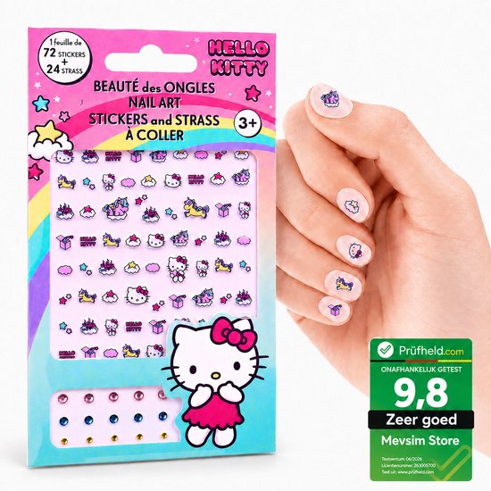 Nagelstickers met Hello Kitty en regenboogthema, 72 stickers en 24 strass steentjes.
