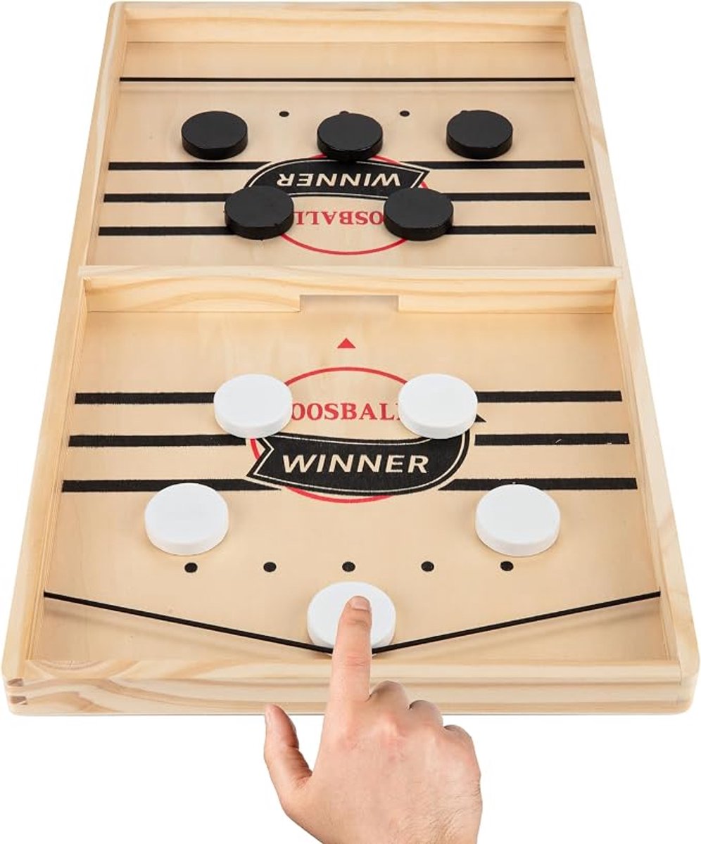Supersnelle tafel-airhockey/slingshot-battle van hout – gegarandeerd plezier voor spelletjesavonden met familie of vrienden. Spel voor Kids