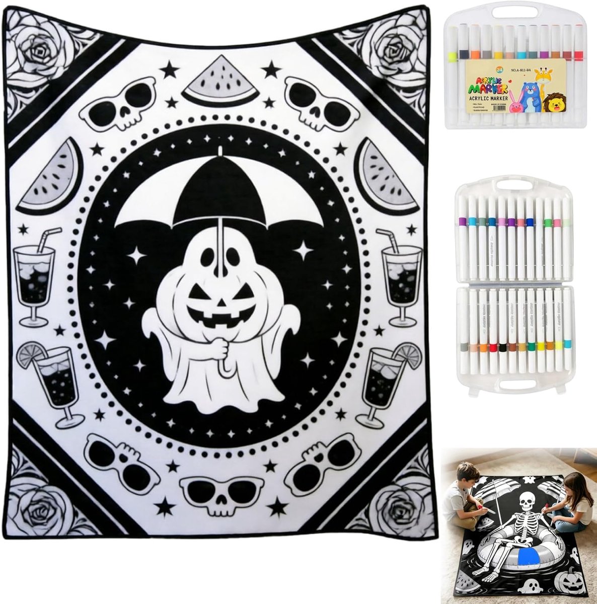 Halloween Tekendeken - DIY Kleurdeken - Decoratieve Plaid - Spook, Pompoenpatroon - Wasbare - Inclusief 24 Stiften - Feestelijke Versieringen - Voor Slaapkamers, Woonkamers, Studeerkamers of Kantoren