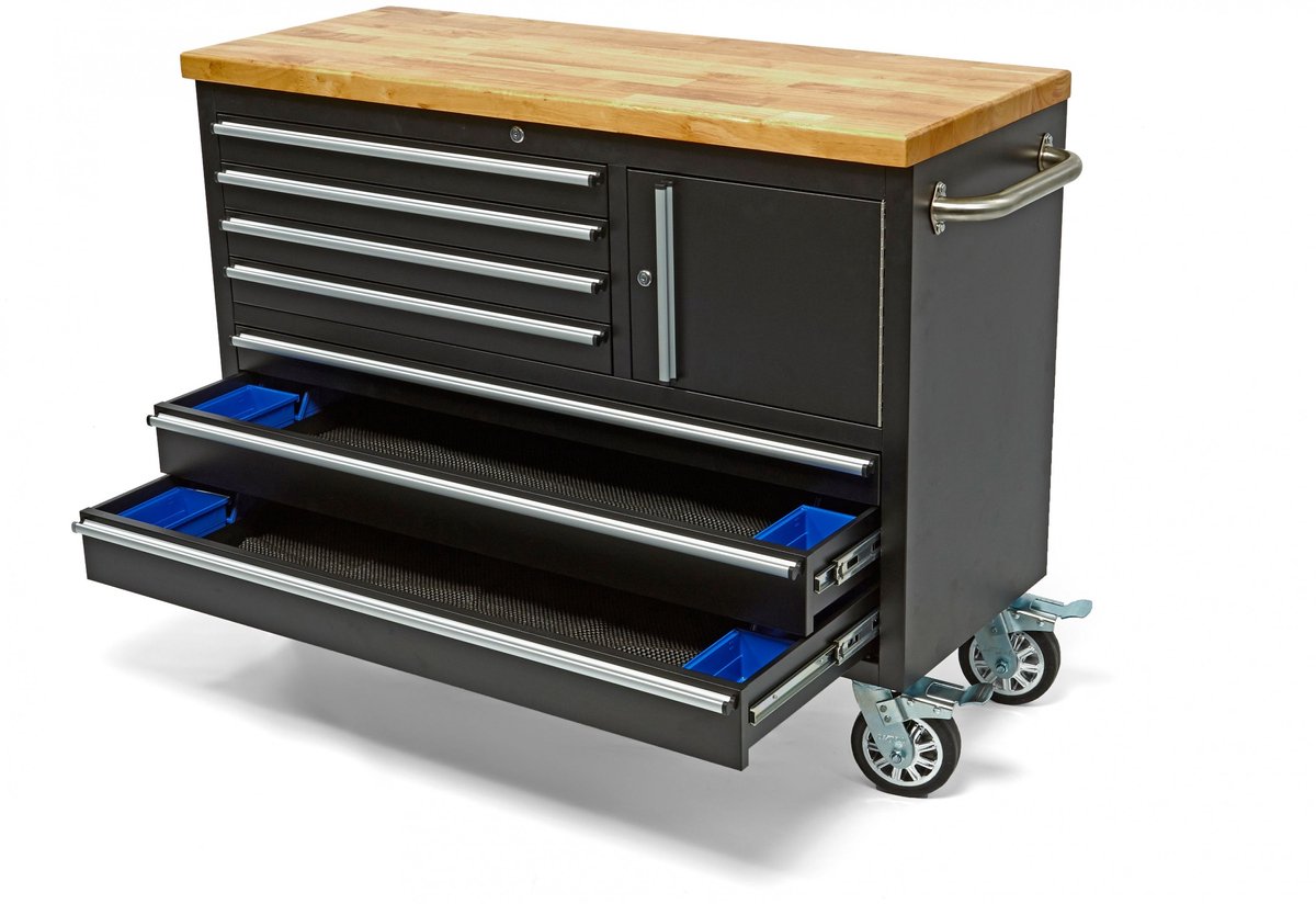 HBM verrijdbare gereedschapswagen met houten werkblad 122 cm, 7 laden, slot, zwart