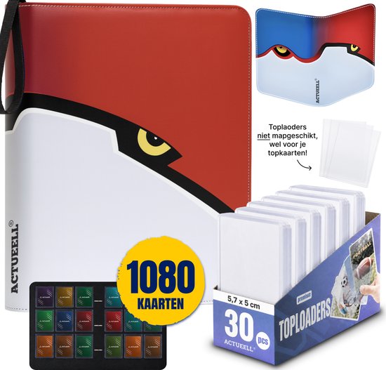 Witte en rode binder map met oogdesign, ritssluiting en polsband. Inclusief 30 toploaders.