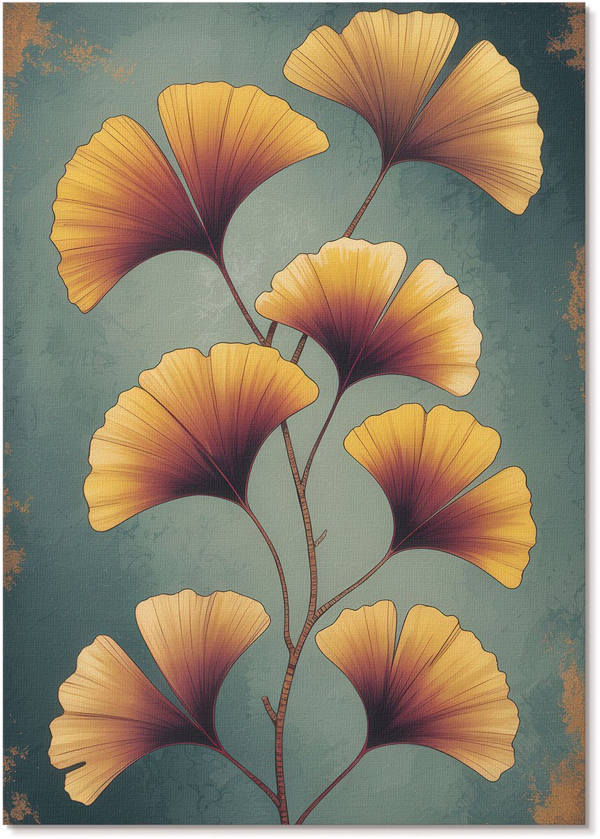 Tulup Polycanvas Wandposter - Ginkgo Bladeren, Illustratie - A4 - Turkoois Illustratie - Rechthoek - Wandkunstwerk - Woonkamer, Slaapkamer, Kantoor - Artistiek