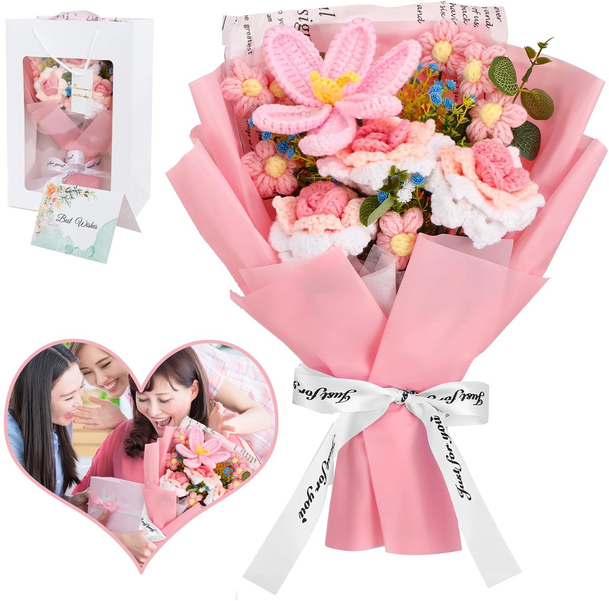 Boeket Van Gehaakte Bloemen - Handgemaakt Gebreid Rozenboeket - Cadeauset Met Cadeautas En Wenskaart