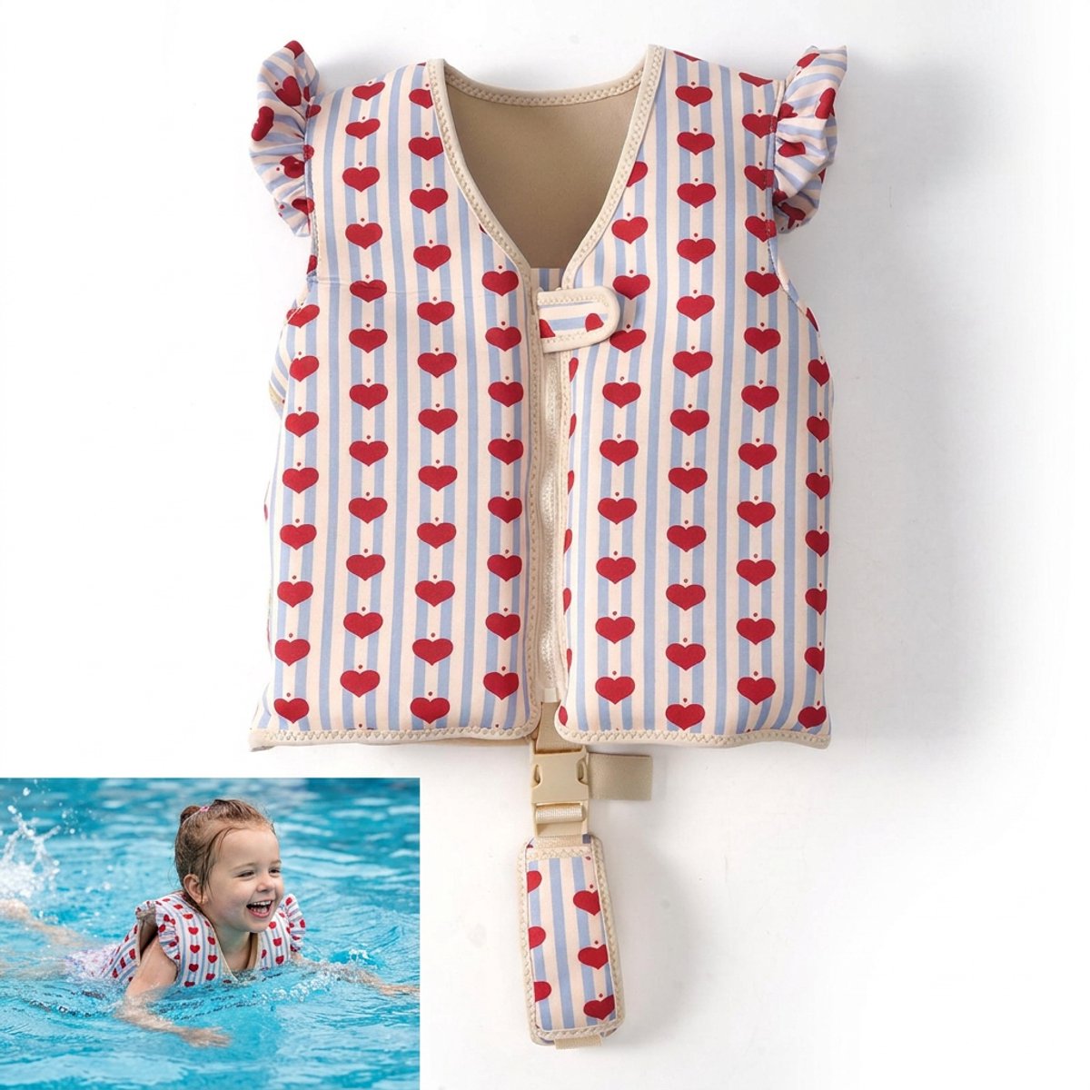 Sogiol® Zwemvest - Reddingvest Kind - 15-19 Kg - Zwemhulp met Drijvers & Kruisband – Drijfvest - Neopreen - Blauw Gestreept met Hartjes - Zwemhulp