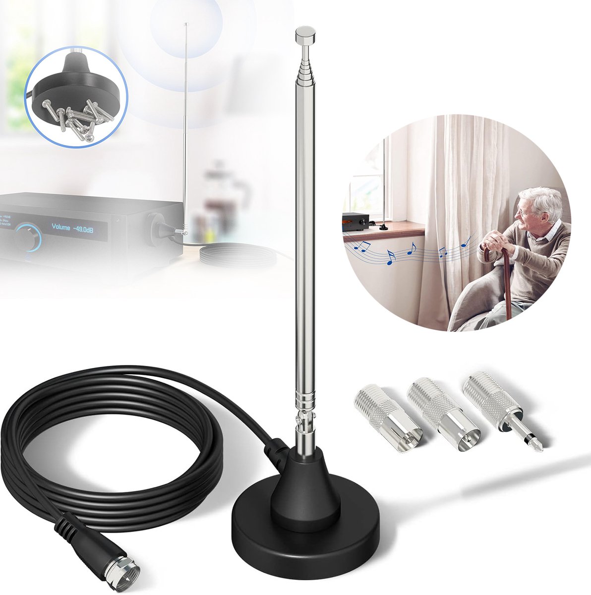 Dab Fm-Radioantenne, Telescopische Digitale Antenne, Met Magnetische Voet, Voor Stereo-Ontvangers Voor Thuisgebruik.