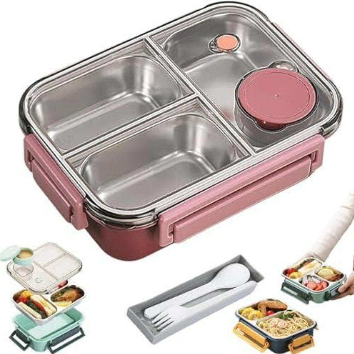 Roestvrijstalen Lunchbox – 3 Vakken – Met Bestek – Draagbaar – Magnetronbestendig – Voor School & Werk – Roze – 22.5 x 16.5 x 7cm