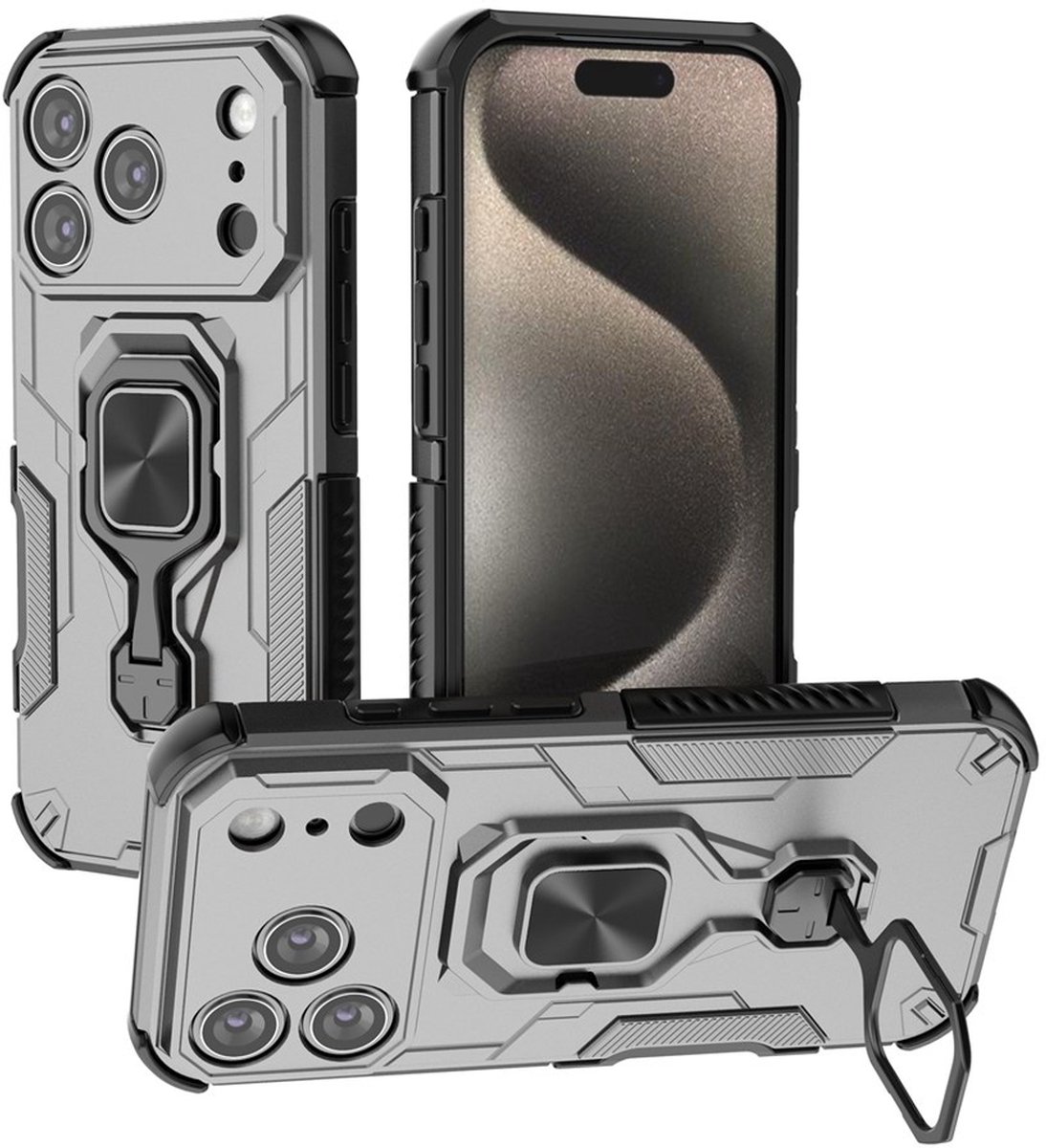 MobyDefend Hoesje - Geschikt voor iPhone 18 Pro - Dubbelgelaagde Pantsercase Met Standaard - Zilvergrijs