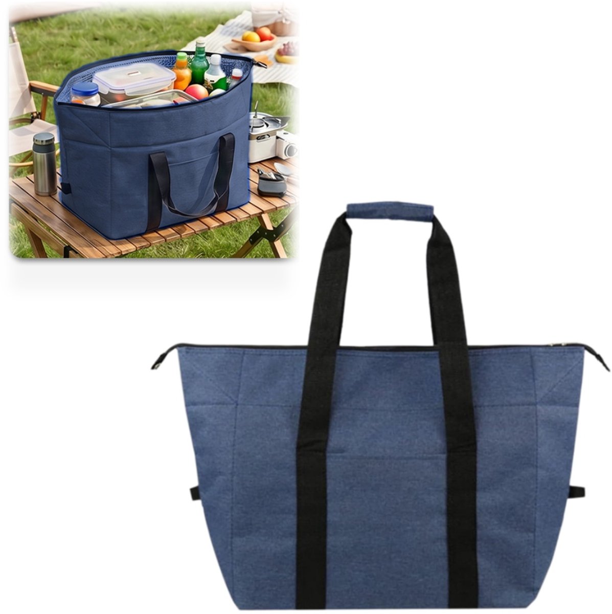 Geïsoleerde tas – boodschappentas – lunchkoeltas – picknicktas – koeltas voor onderweg – herbruikbaar – voering van aluminiumfolie – geschikt voor koude dranken, gekoelde producten, warme maaltijden (donkerblauw – 20 liter)