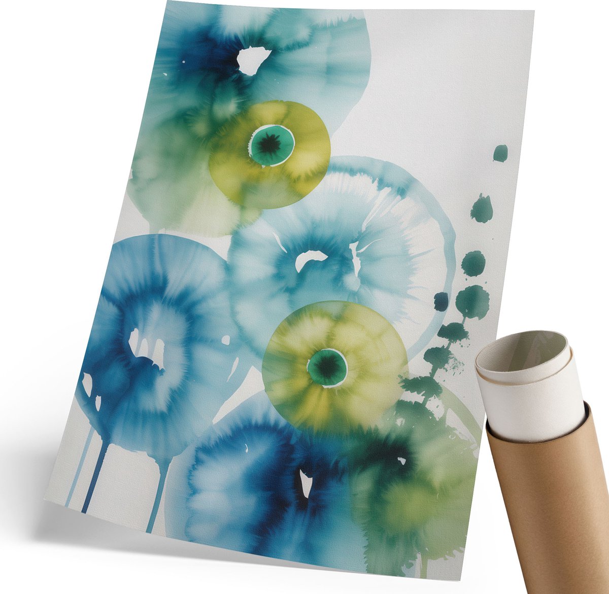 Coloray Polycanvas Wandposter - Kleurrijke Vlekken, Waterverf - 210 x 297 mm - Blauw Design - Rechthoek - Interieurdecoratie - Woonkamer, Slaapkamer, Kantoor - Expressief